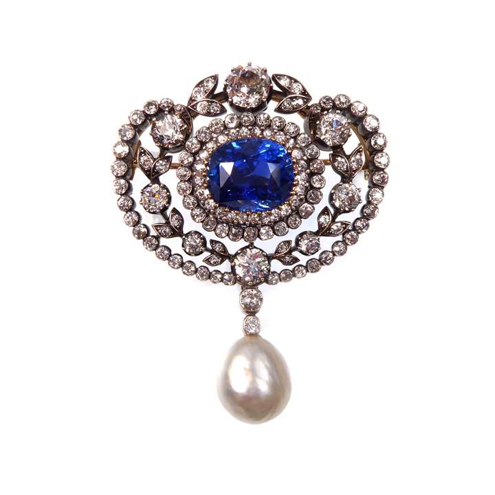 Austrian sapphire, diamond and natural drop pearl cluster pendant brooch